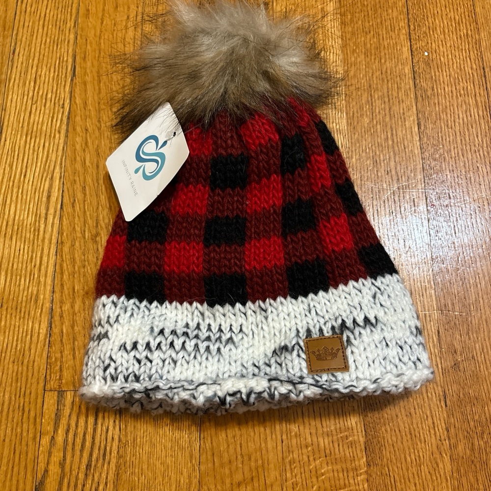 Infinity Raine Red and Black Plaid Beanie with Faux Fur Pom